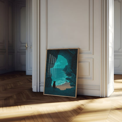 Cat Gazing at Turquoise Ocean Poster