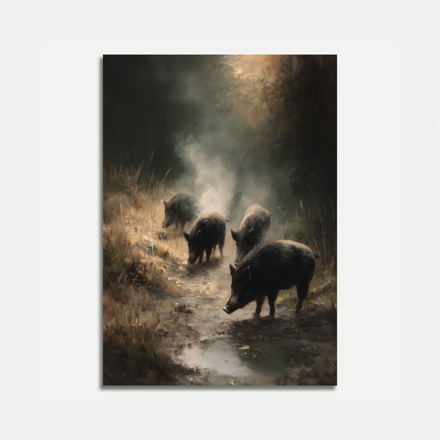 Wild Boars in Misty Forest Poster