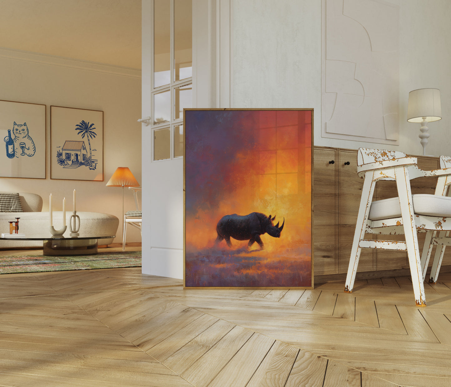 Neushoorn in Gouden Vlammen Poster