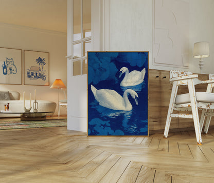Elegant Swans Blue Night Poster