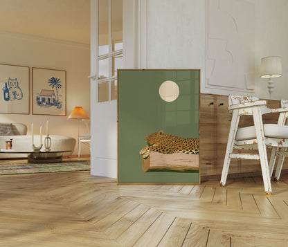 Leopard Resting Under Moon Poster