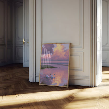 Swans at Sunset Lake Poster