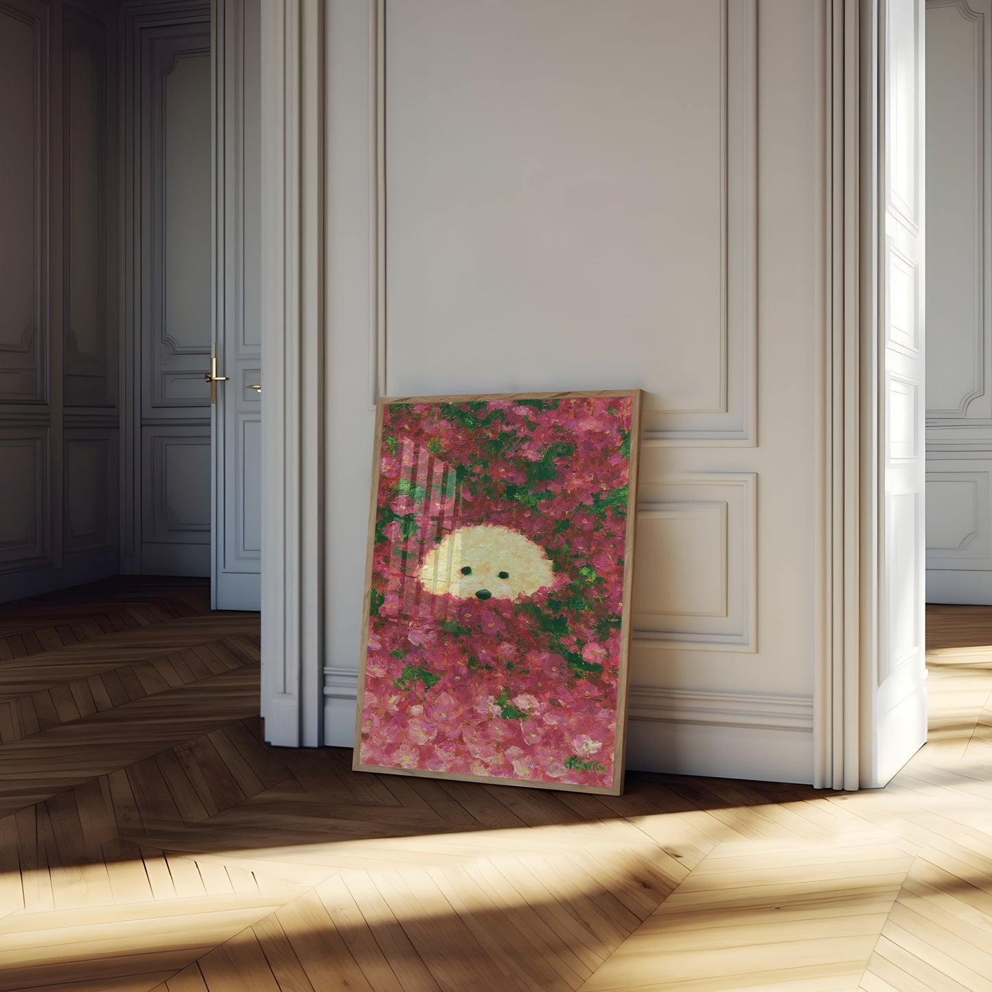 Fluffy Dog in Flower Garden Poster