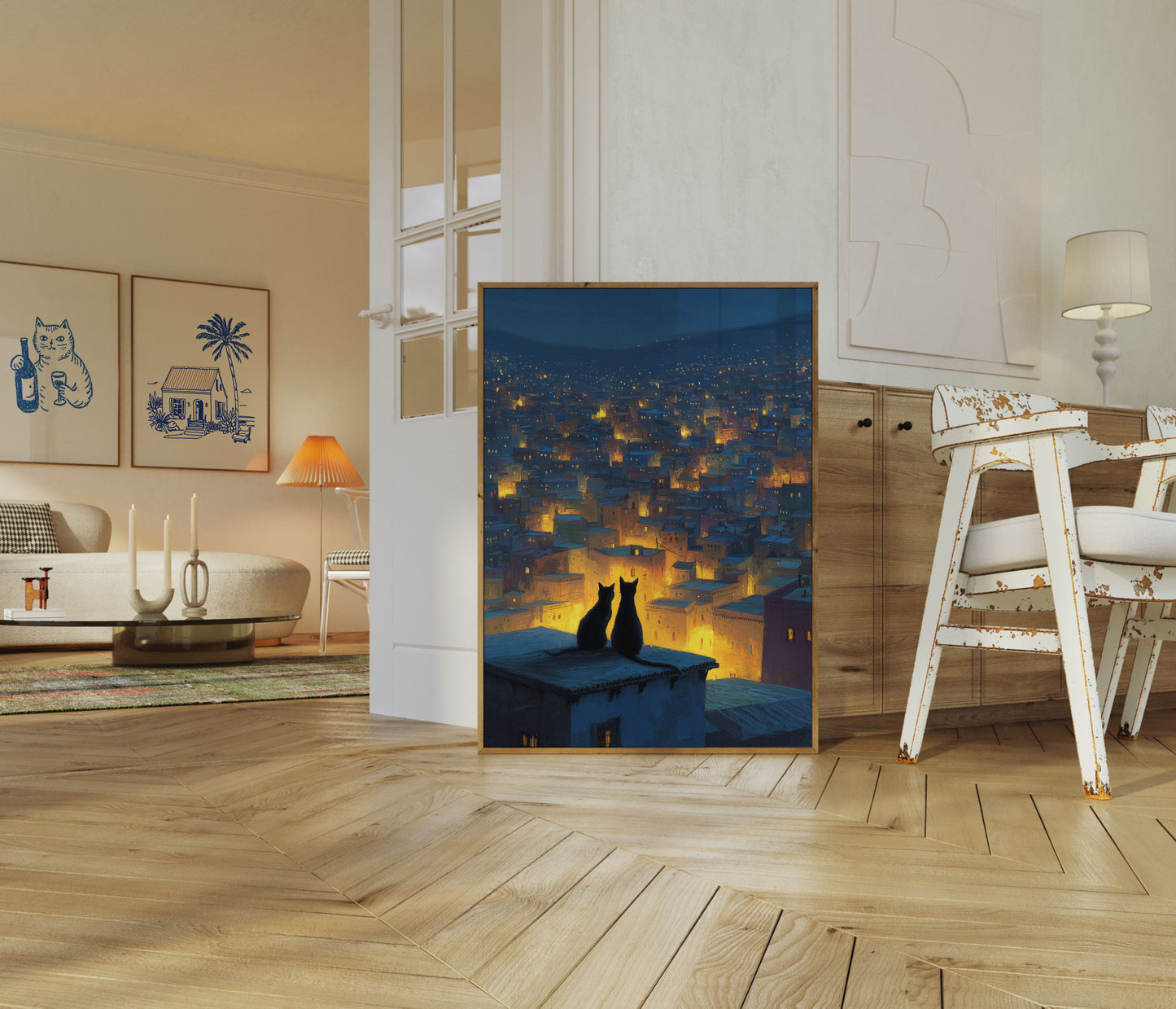 Pôster de Gatos Observando Cidade Brilhante