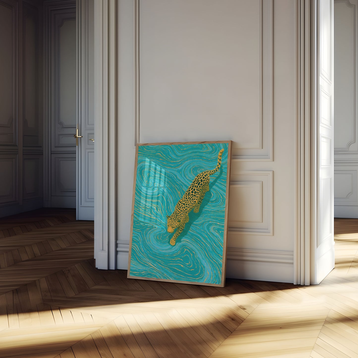 Leopard Swimming in Turquoise Poster