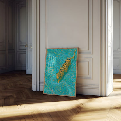 Leopard Swimming in Turquoise Poster