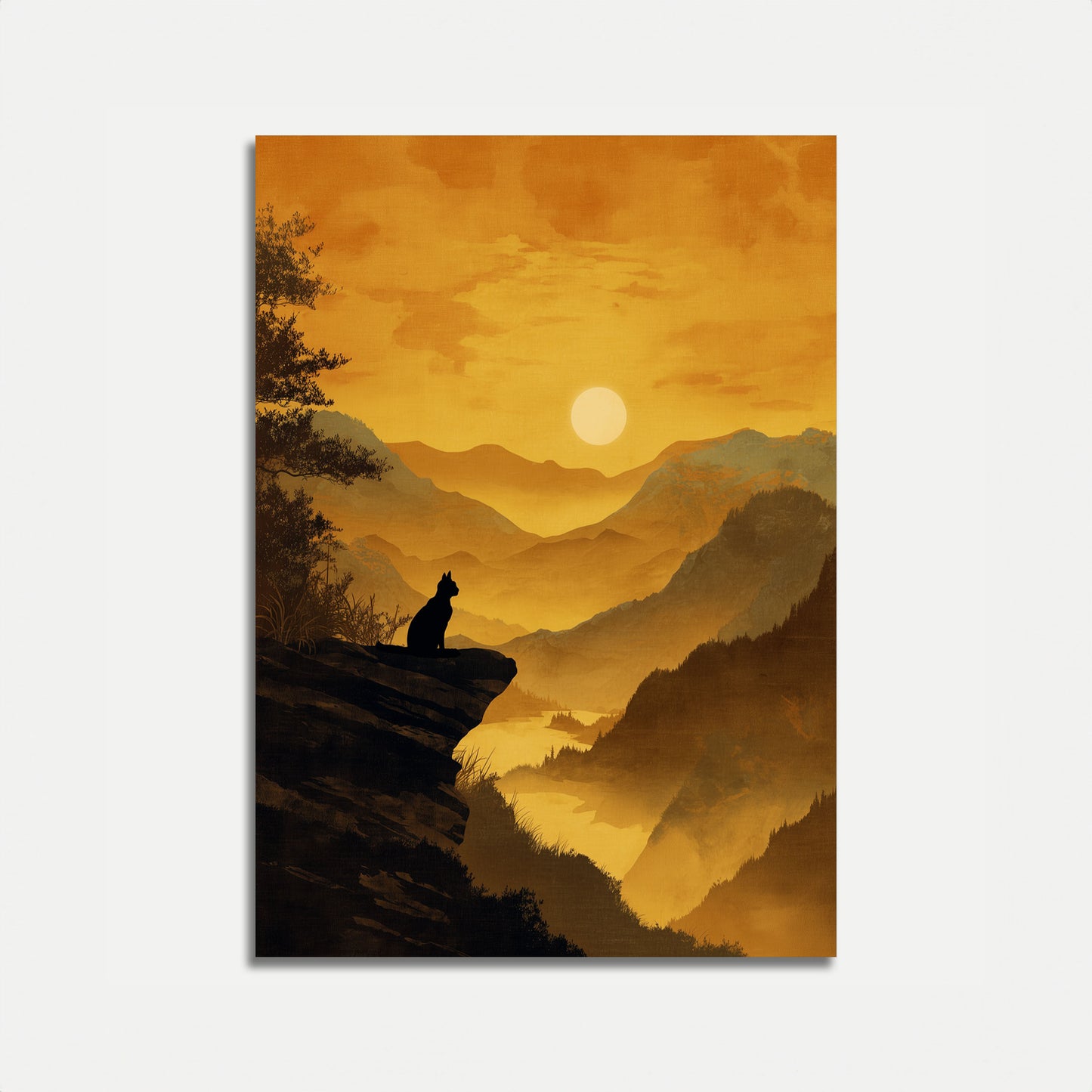 Cartaz de Gato Observando o Pôr do Sol Dourado