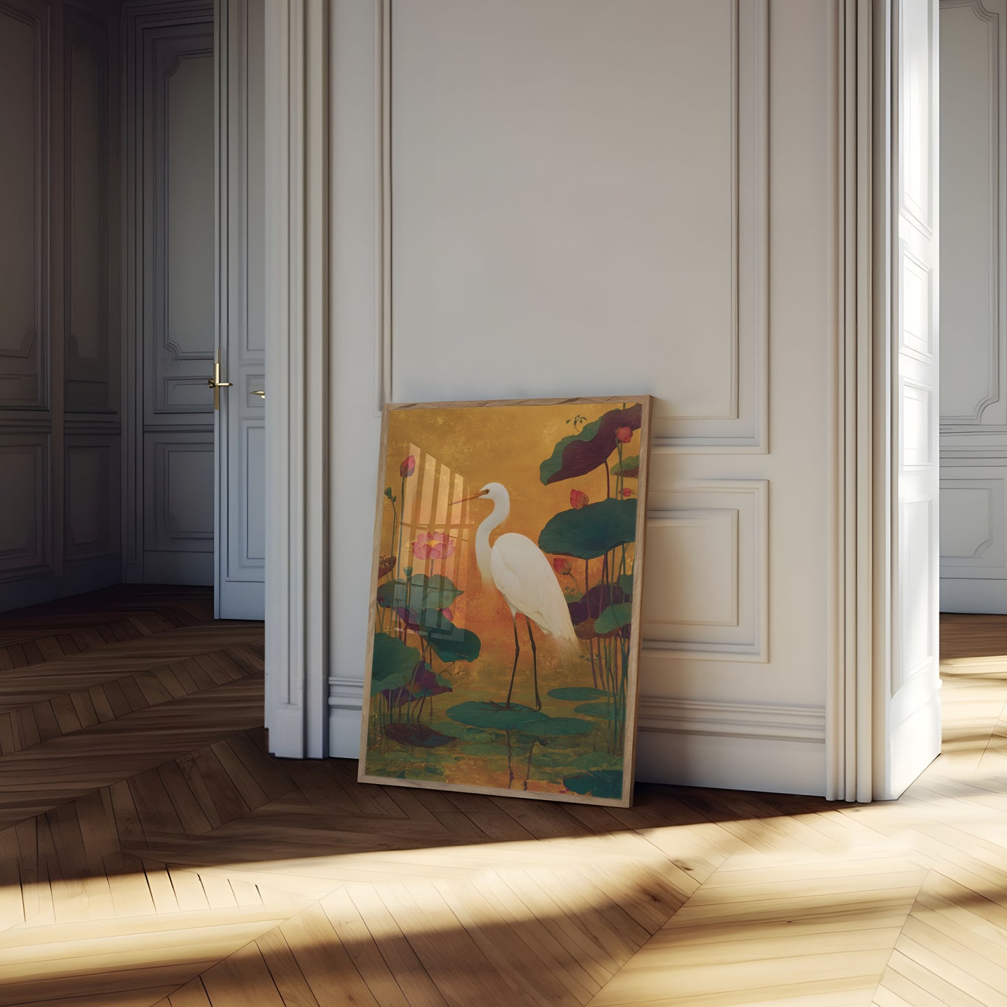 White Heron in Lotus Garden Poster