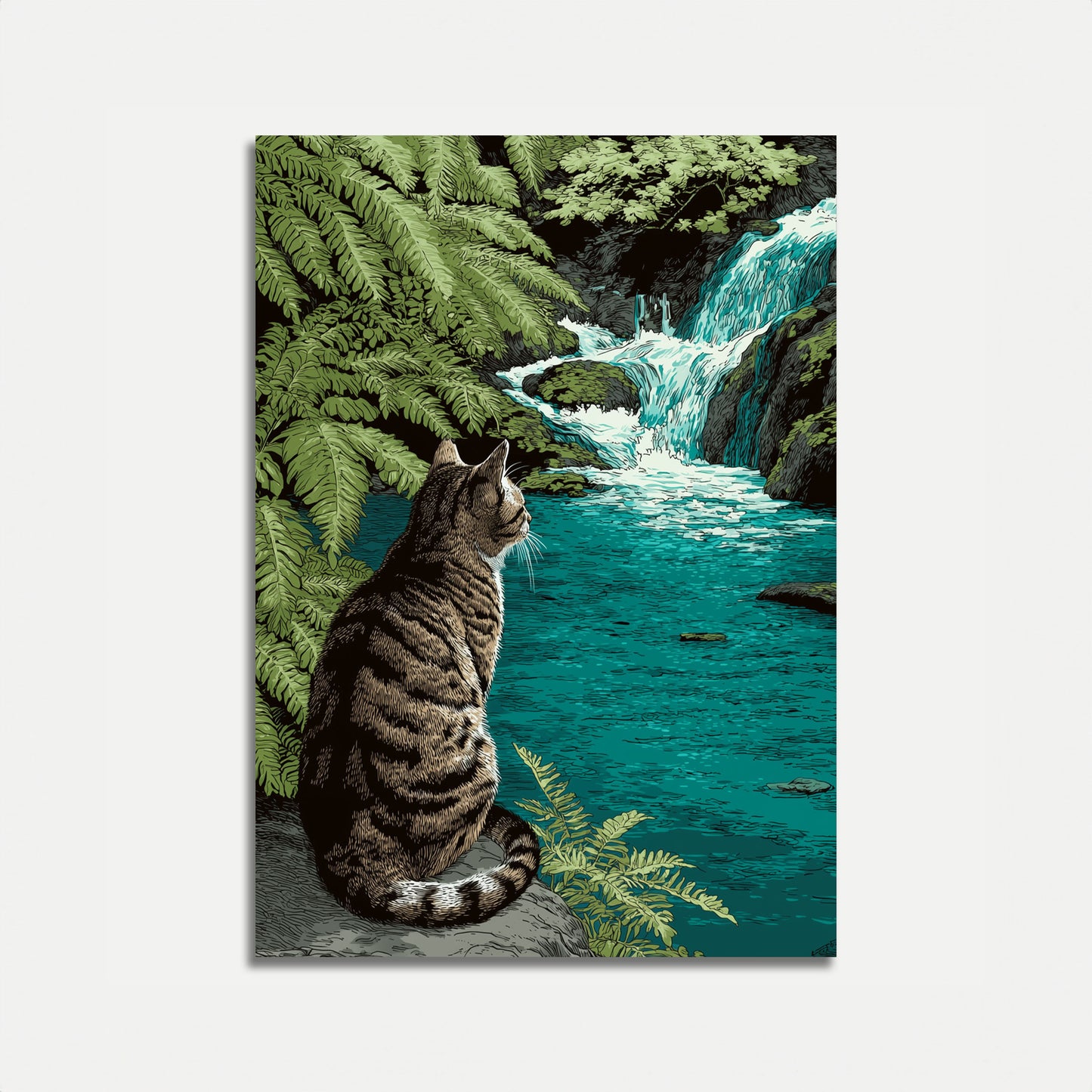Tabby-kat ved vandfaldet plakat