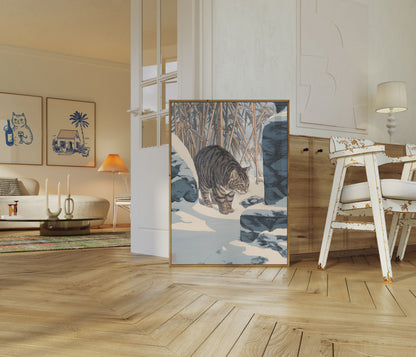 Tabby Cat in Winter Snow Poster