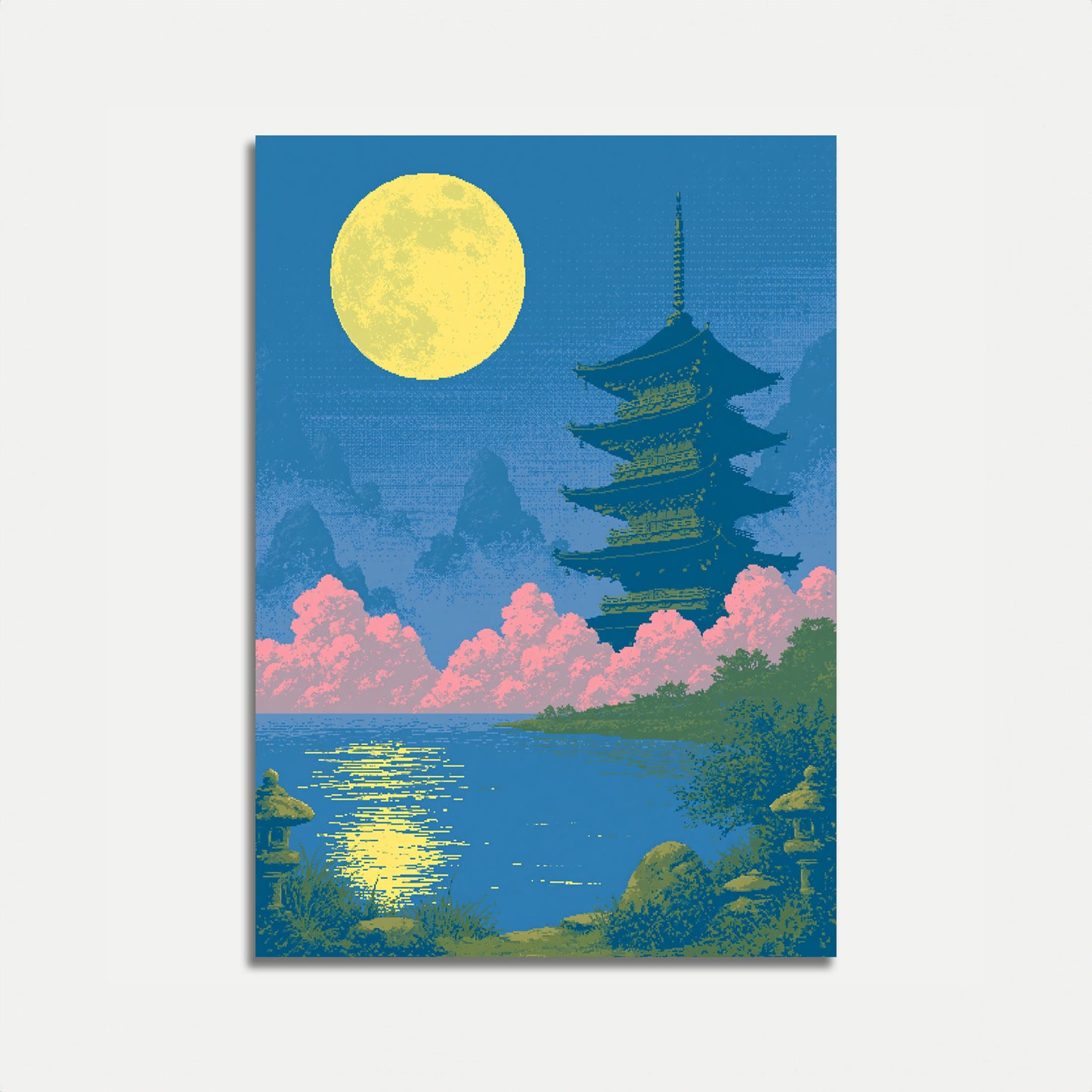 Japanese Pagoda Moonlit Night Poster