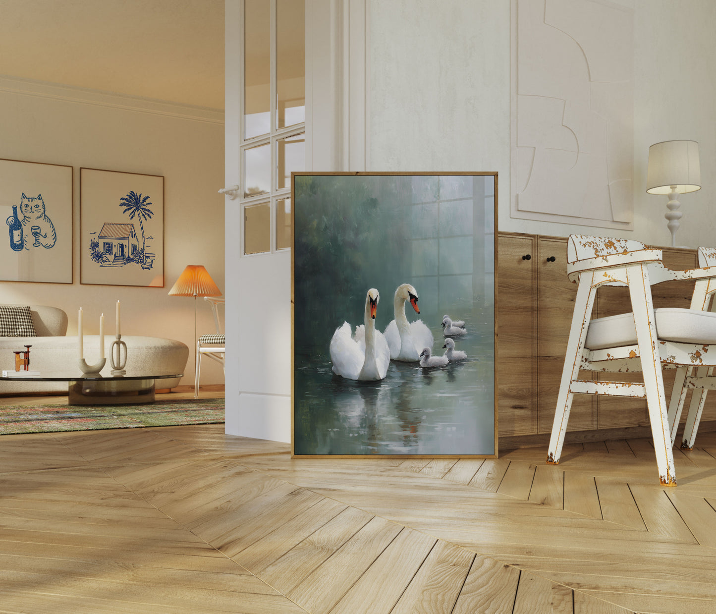 Swan Family on Misty Lake Poster