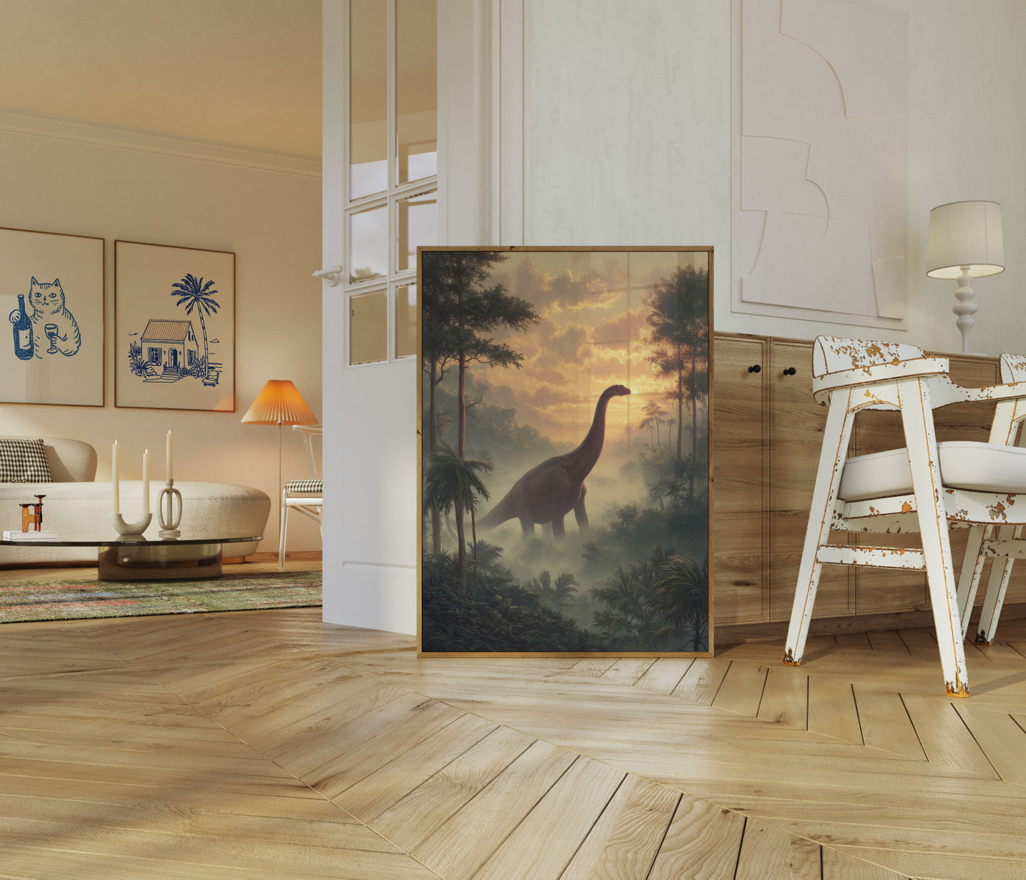 Póster de dinosaurios del amanecer jurásico