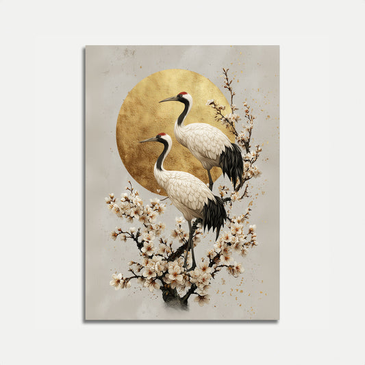 Grullas Elegantes Amanecer Dorado Póster