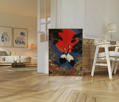 Crane Sunset Garden Poster