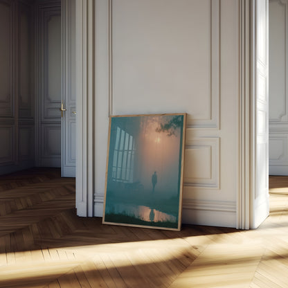 Affiche : Figure solitaire dans une forêt brumeuse