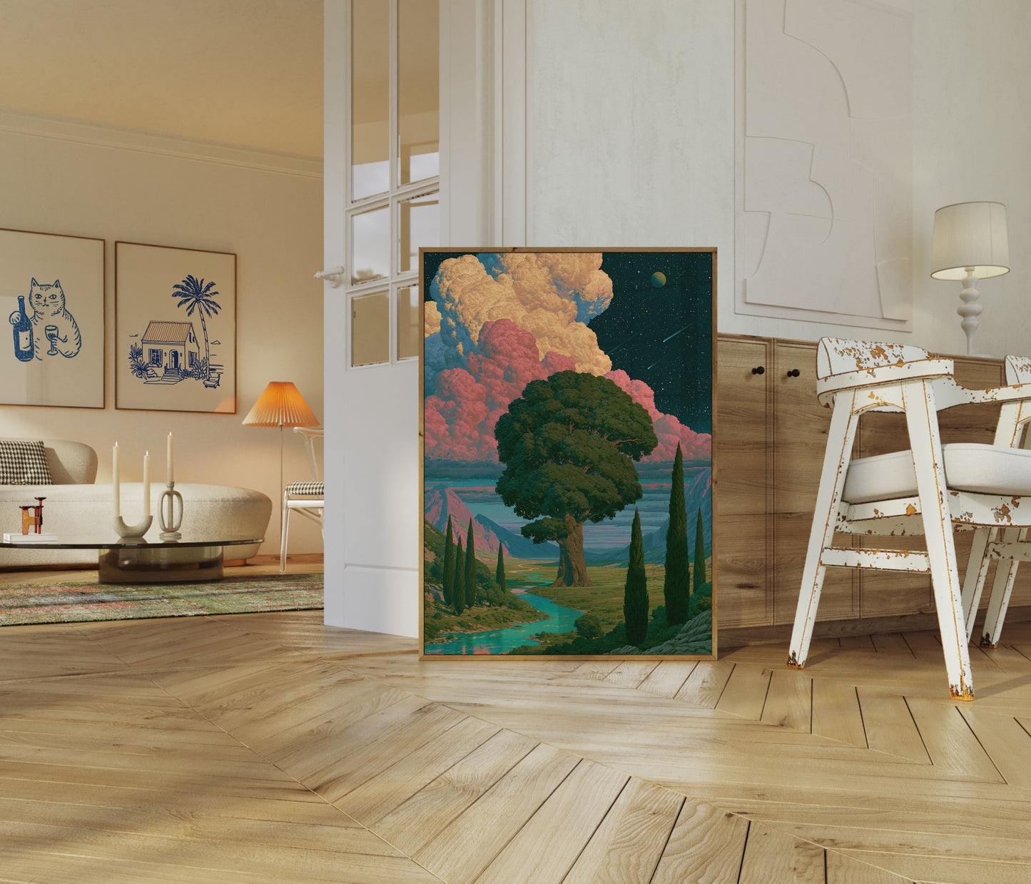 Poster: Oude Boom onder Kosmische Hemel