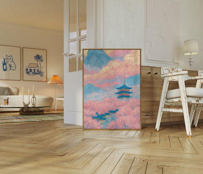 Cherry Blossoms Japanese Temple Poster
