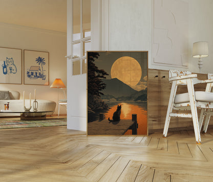 Cartel de Gato Mirando la Luna Gigante