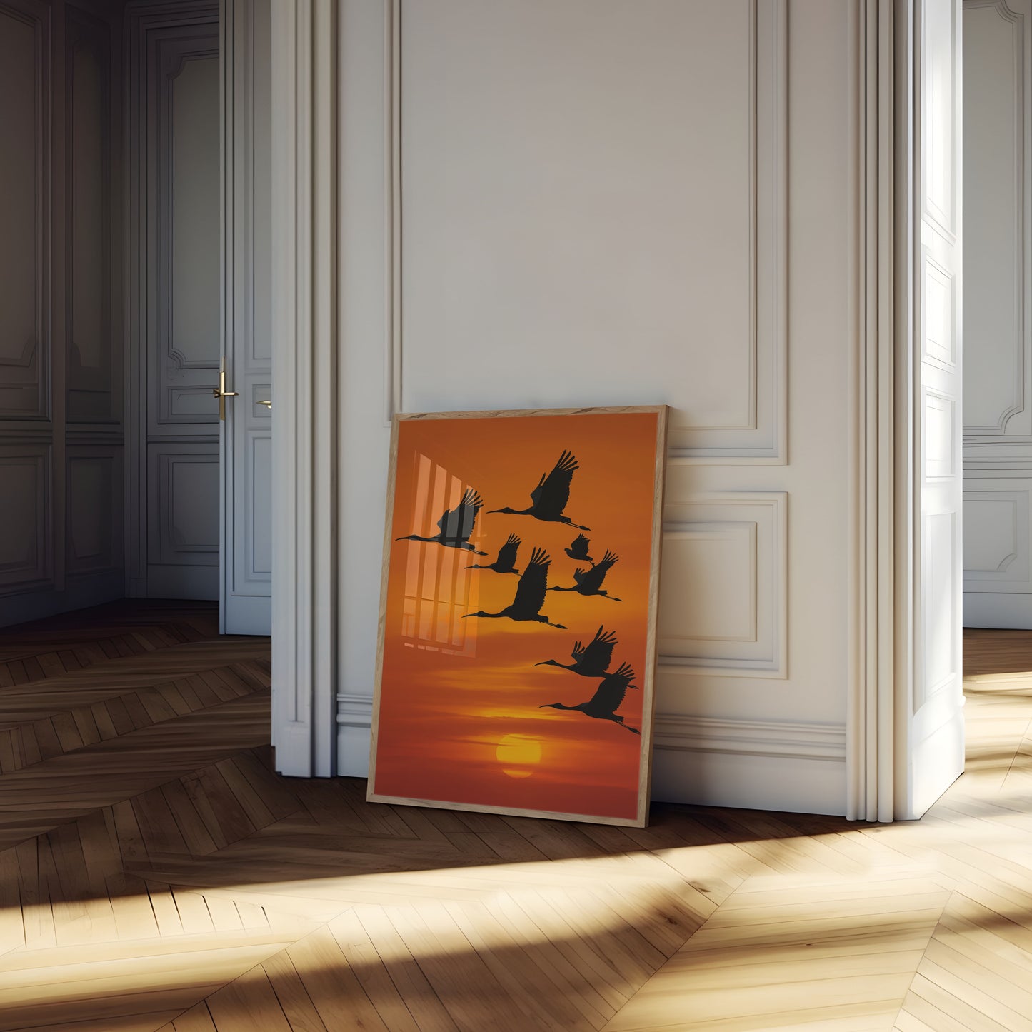 Póster de Grúas Volando al Atardecer