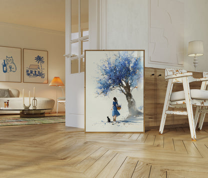 Dziewczyna Pod Niebieskimi Kwiatami Plakat