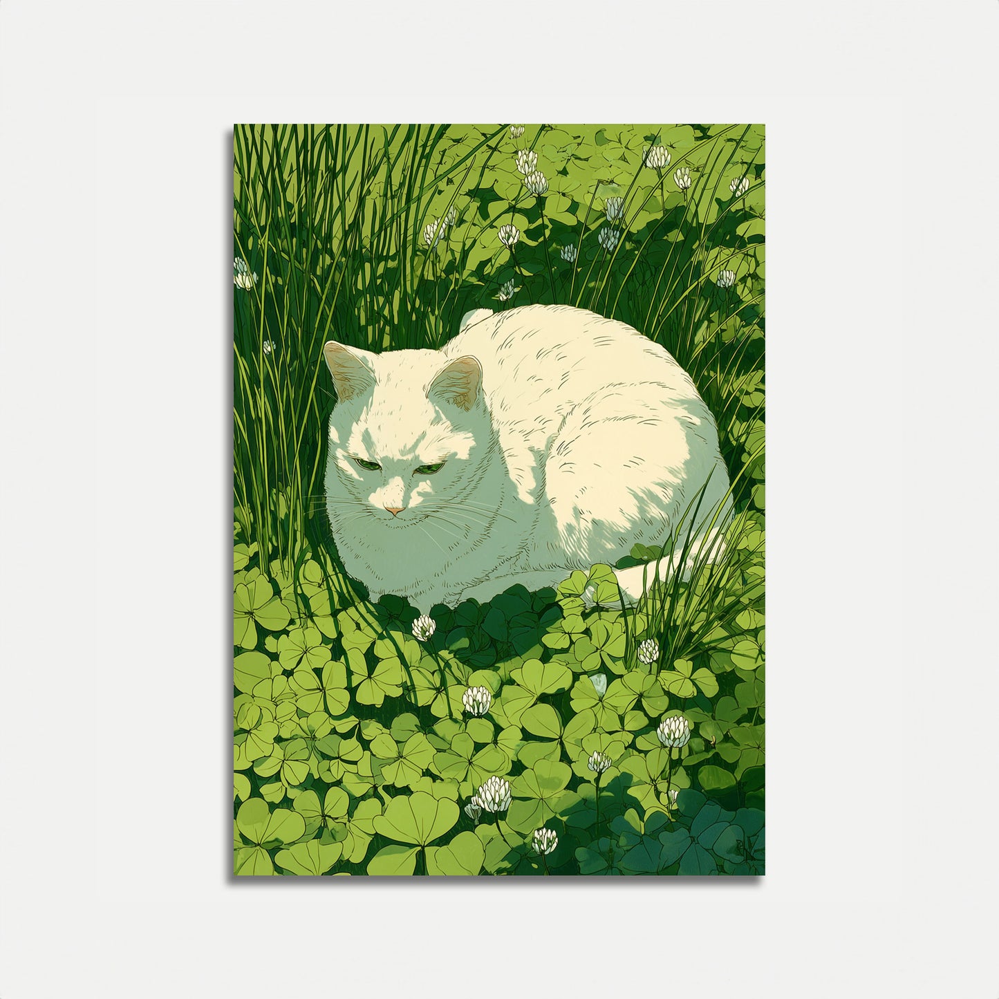 Hvid kat i kløvermark plakat