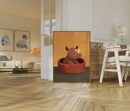 Rhino in Red Pot Poster