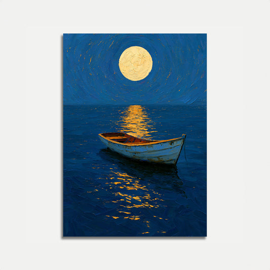 Maanverlichte boot op water poster