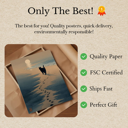 Svart Katt Strand Solnedgång Affisch