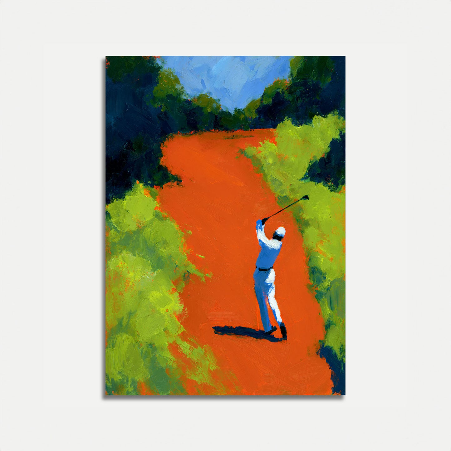 Poster con golfista che colpisce su campo vibrante