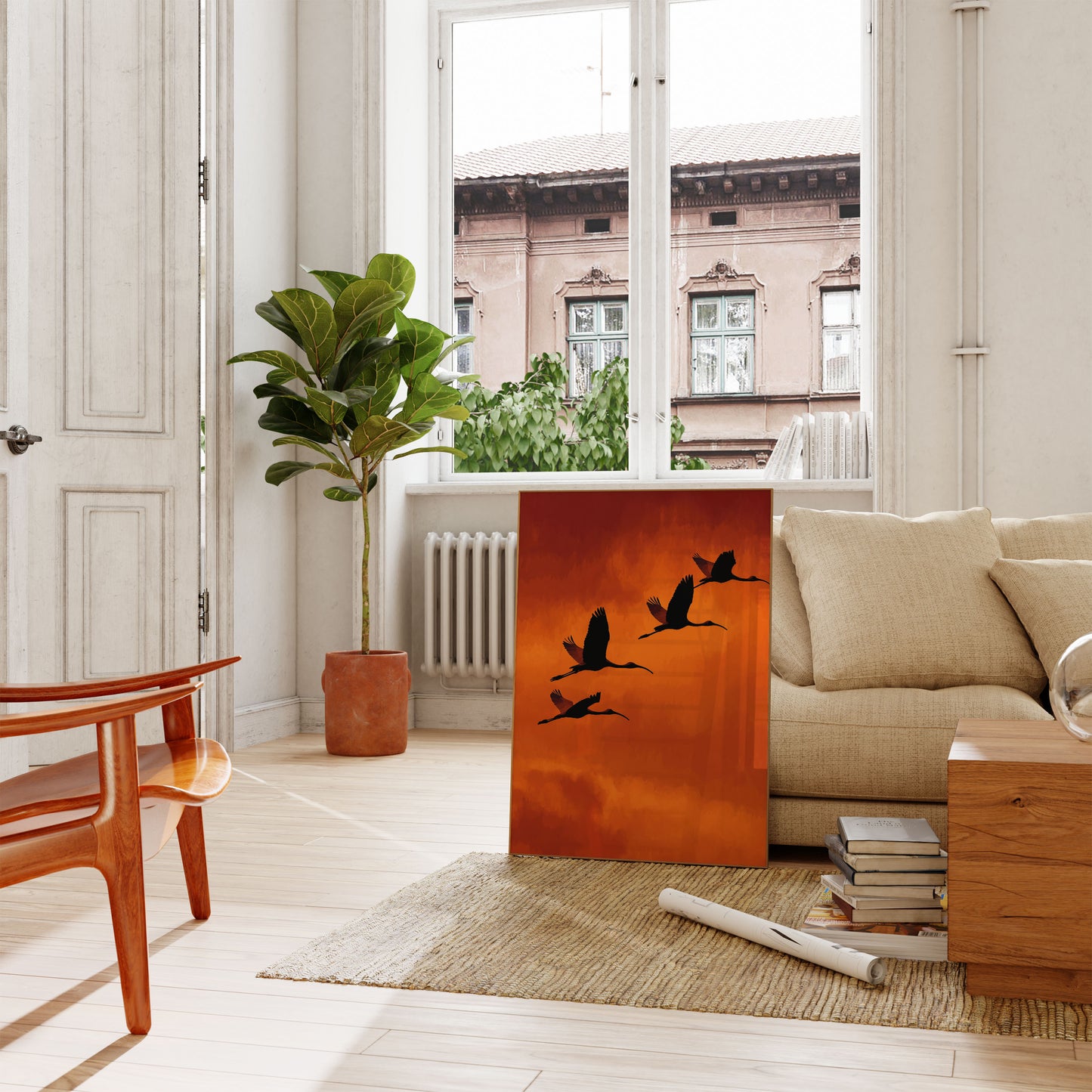 Póster de Grúas Volando al Atardecer