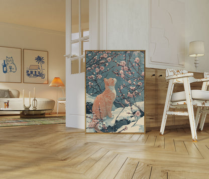 Poster del Gatto Rosso Tra i Fiori di Ciliegio