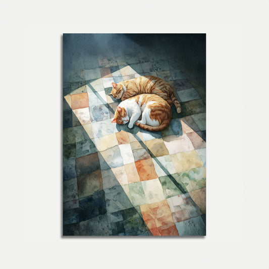 Poster Gatti che Dormono su Pavimento a Quadri