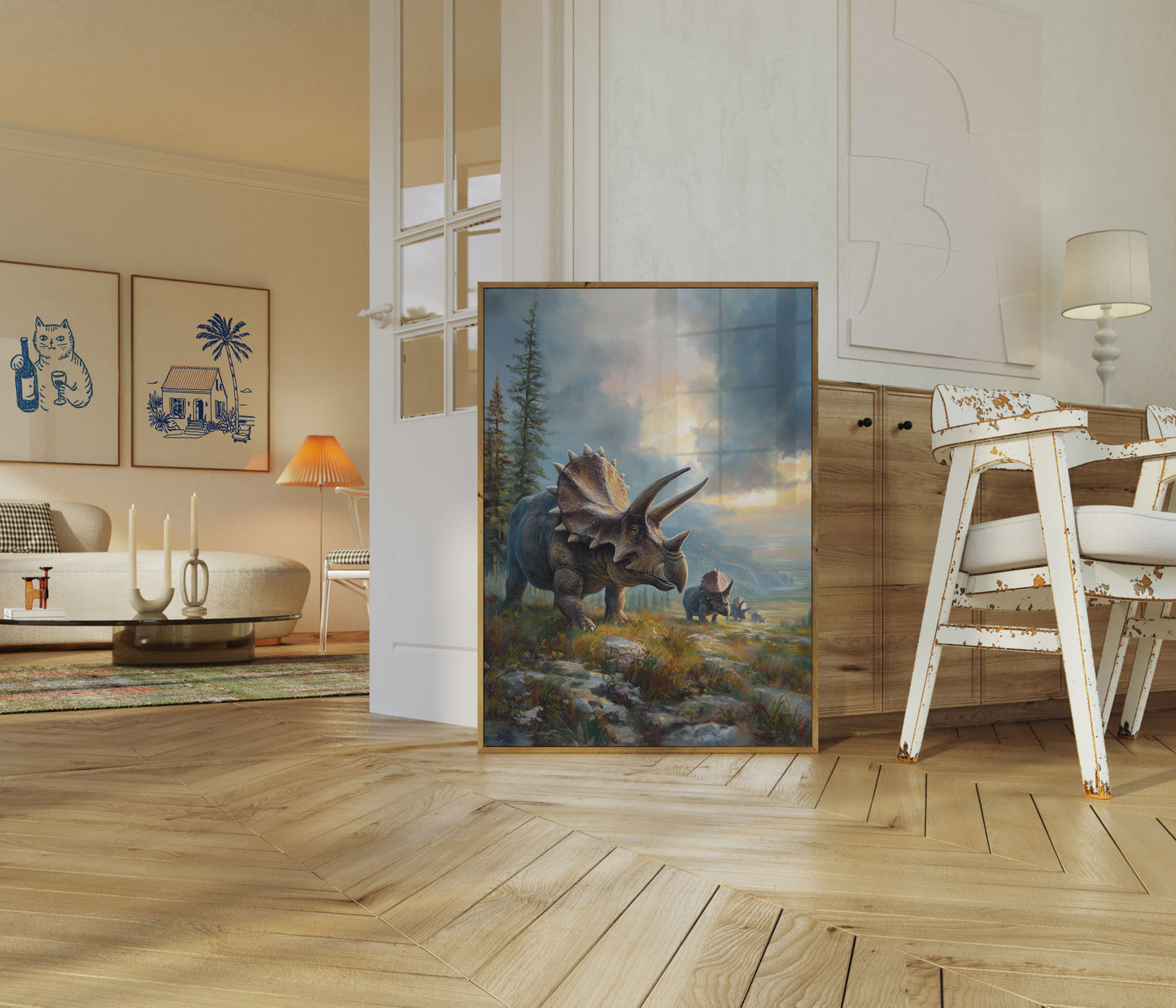 Póster de paisaje prehistórico de Triceratops