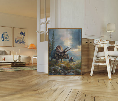 Póster de paisaje prehistórico de Triceratops