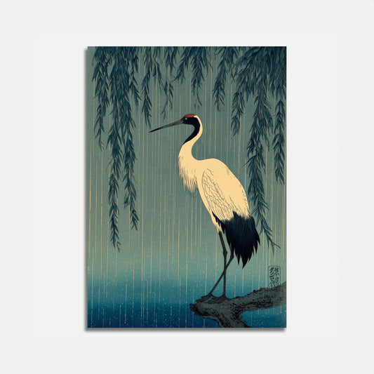 Affiche de la Grue Couronnée de Rouge sous la Pluie