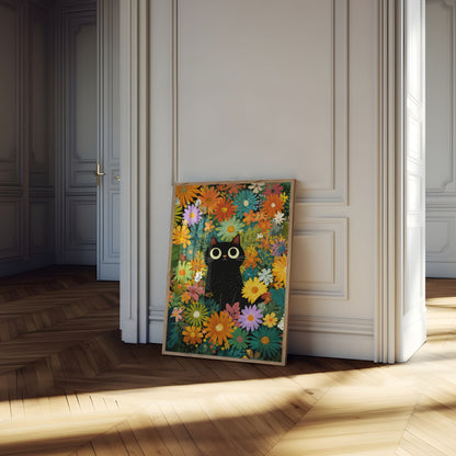 Póster de gato negro en un jardín de flores