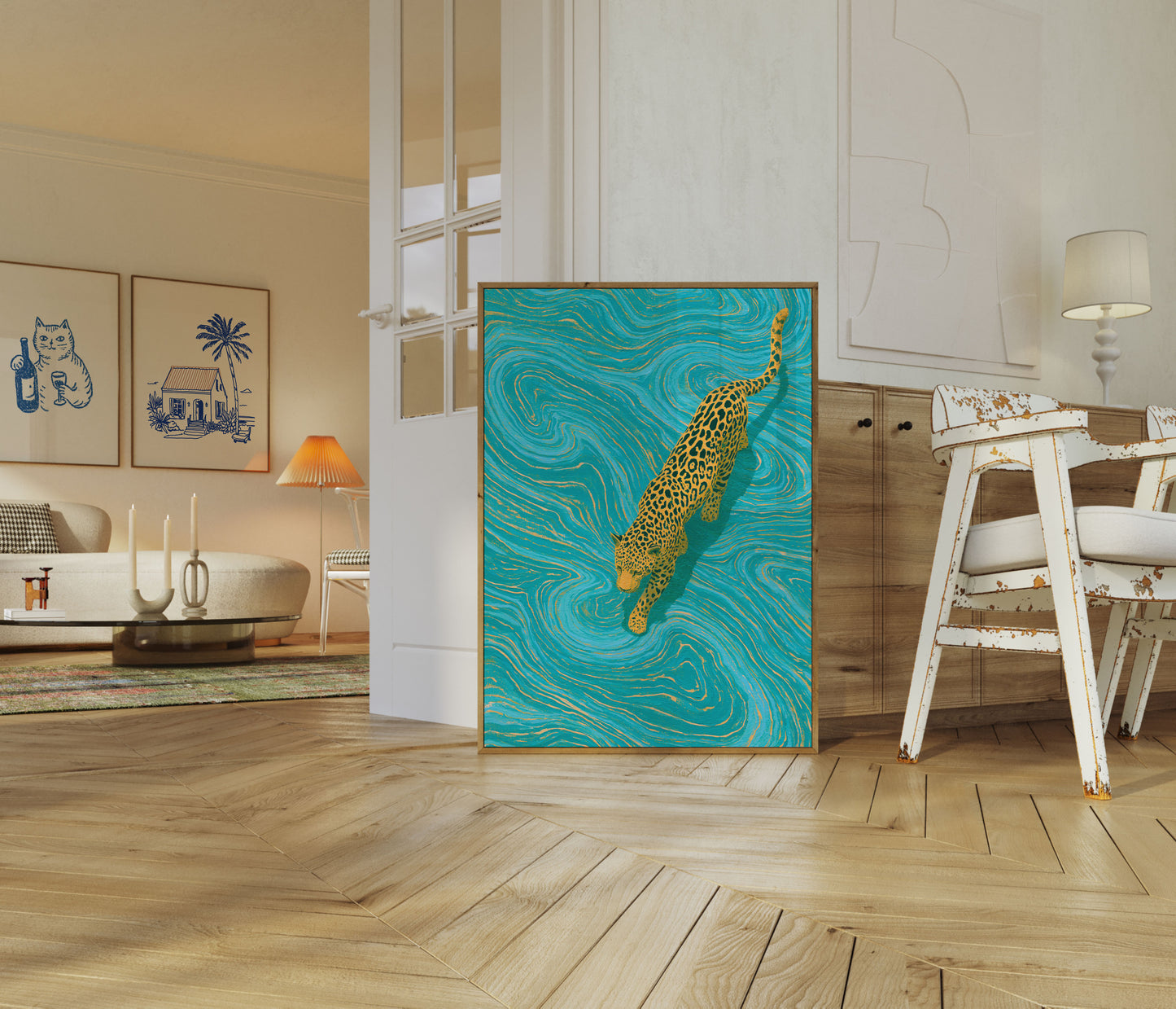 Leopard Swimming in Turquoise Poster