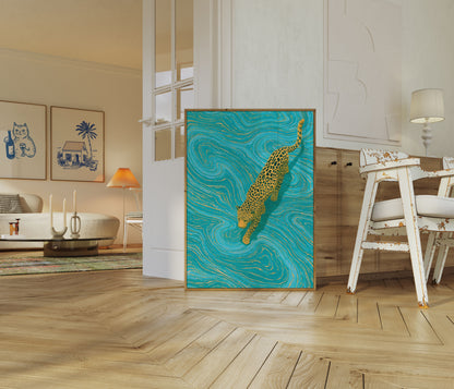Leopard Swimming in Turquoise Poster