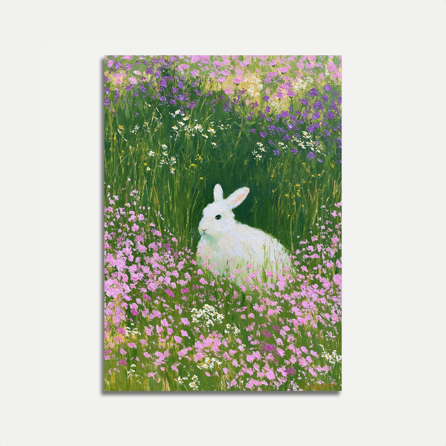 White Rabbit in Flower Meadow Poster