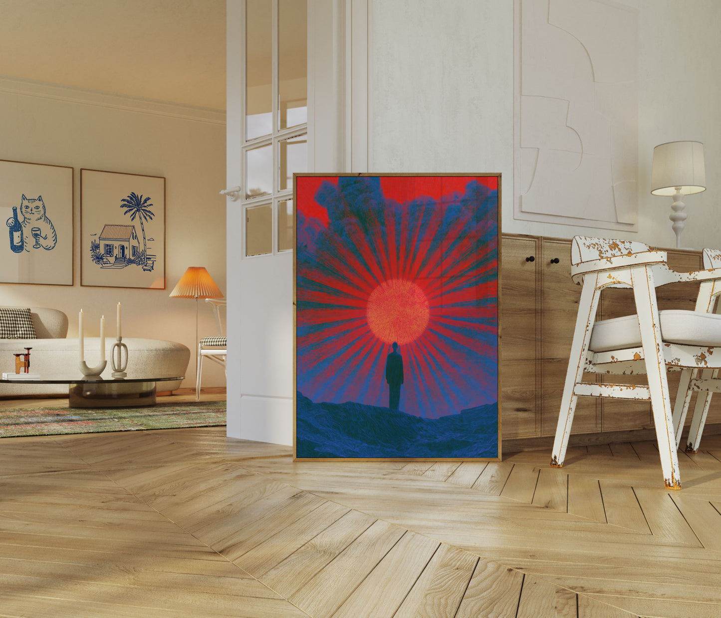 Plakat: Einsame Gestalt der Sonne zugewandt