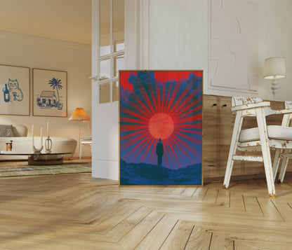 Plakat: Einsame Gestalt der Sonne zugewandt
