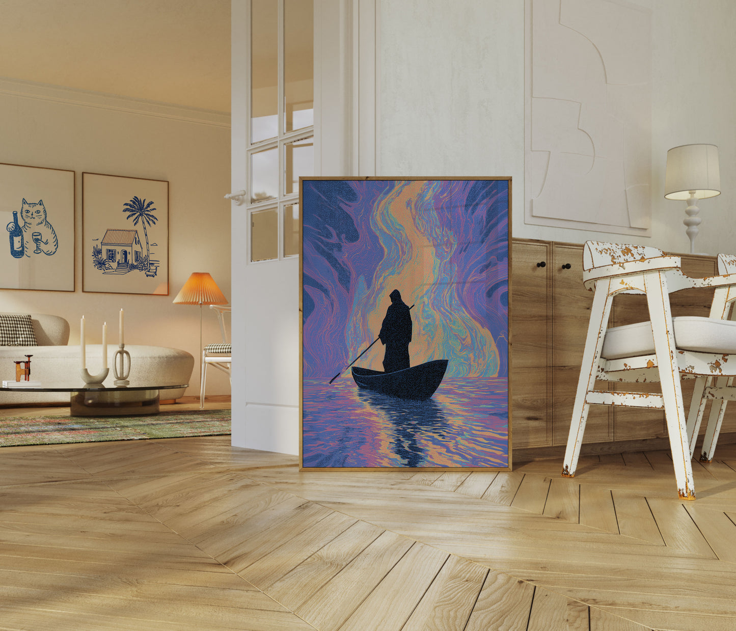 Solitary Boat in Cosmic Waters Poster
