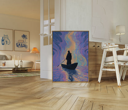 Solitary Boat in Cosmic Waters Poster