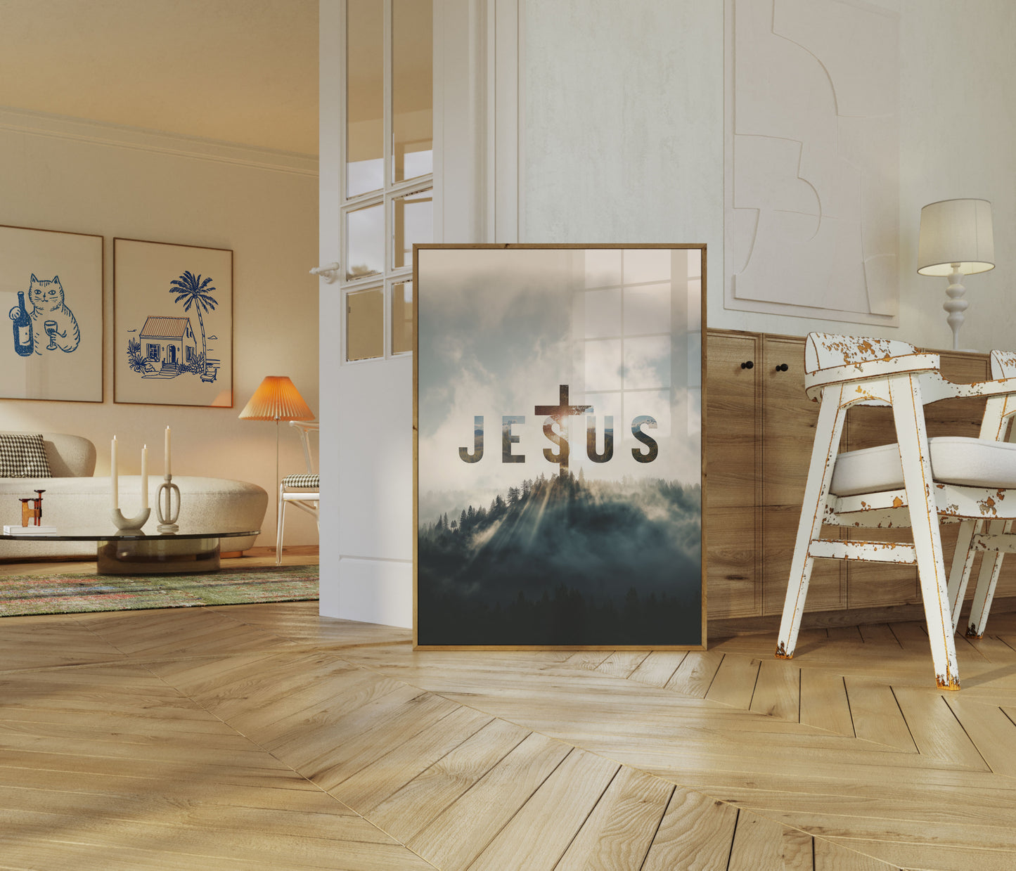 Divine Light in Misty Forest Poster