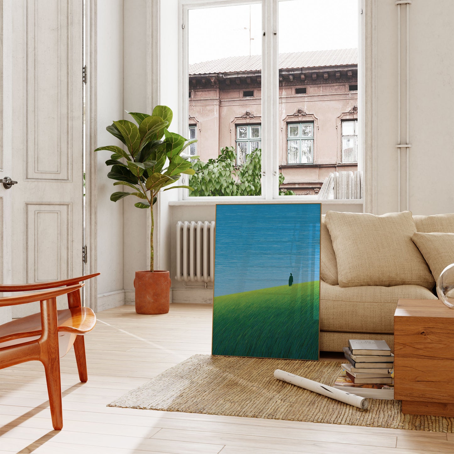 Einzelne Gestalt blickt aufs Wasser Poster