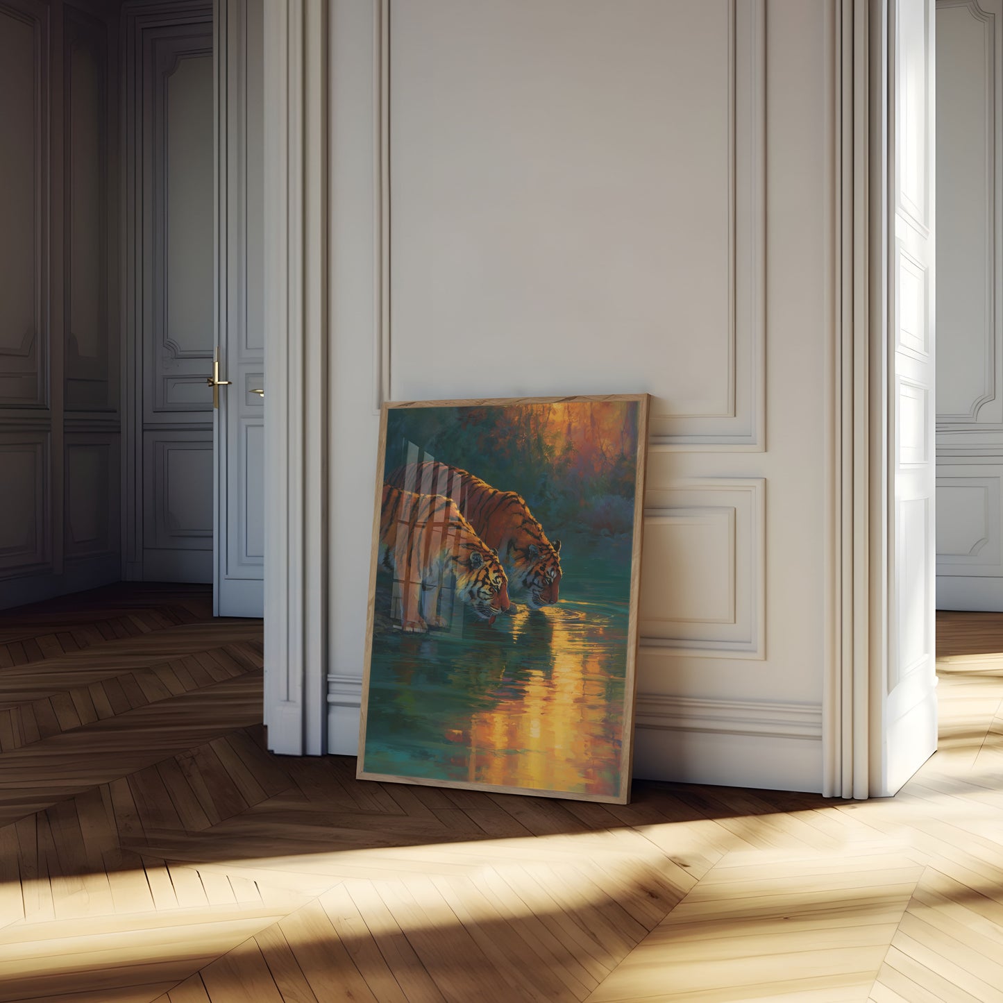 Tigers Drinking at Sunset Poster