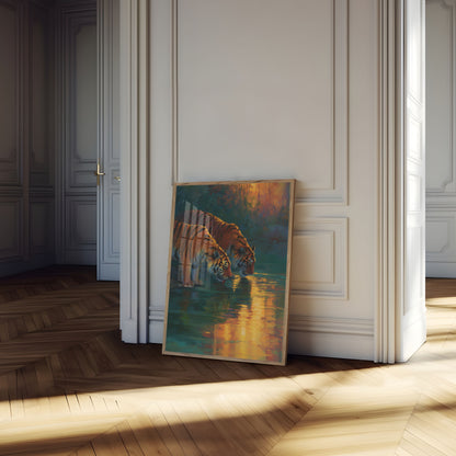 Tigers Drinking at Sunset Poster