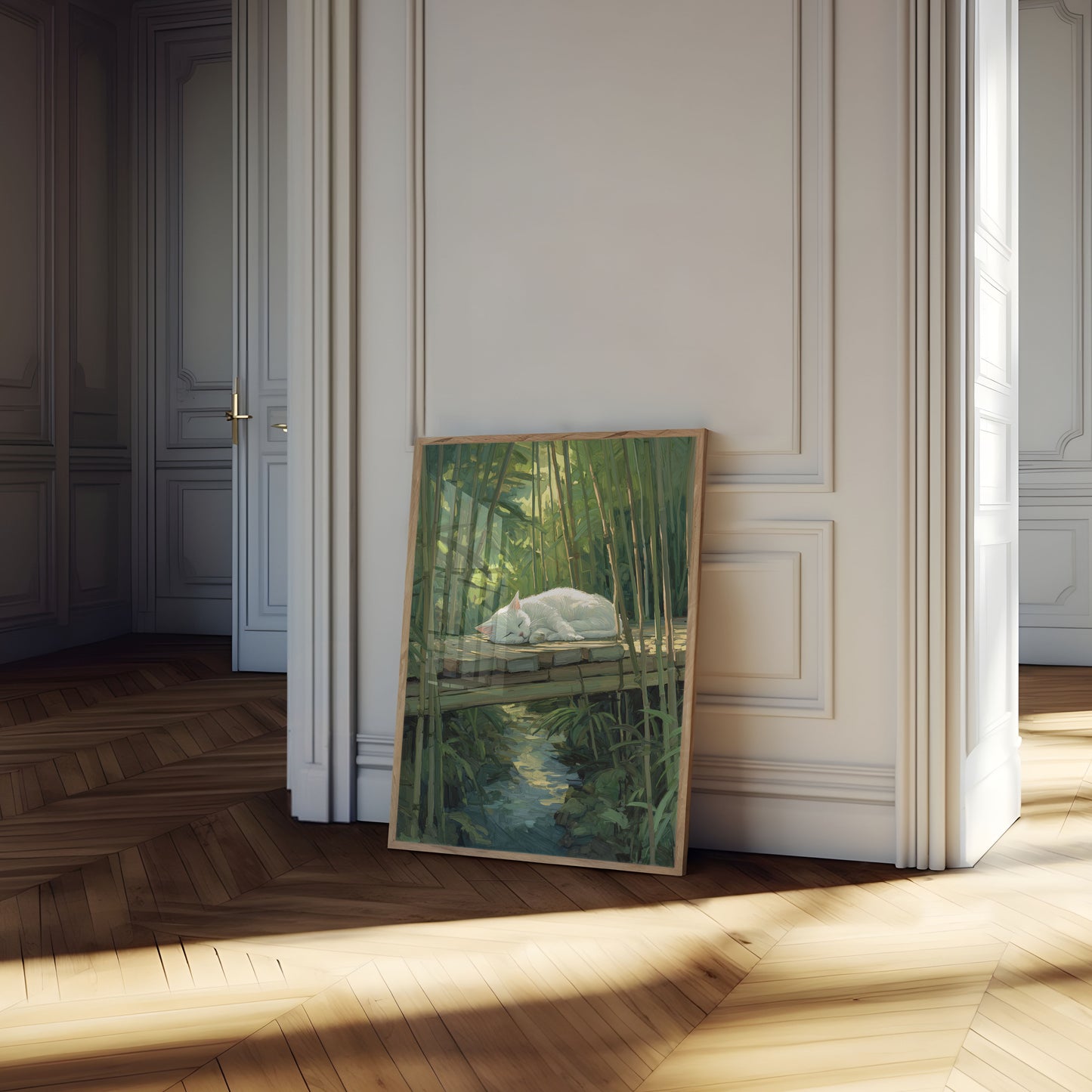 White Cat Resting by Stream Poster