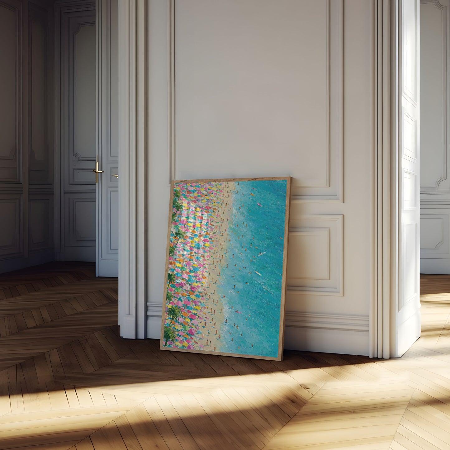 Bunte Strand Sonnenschirme Luftaufnahme Poster